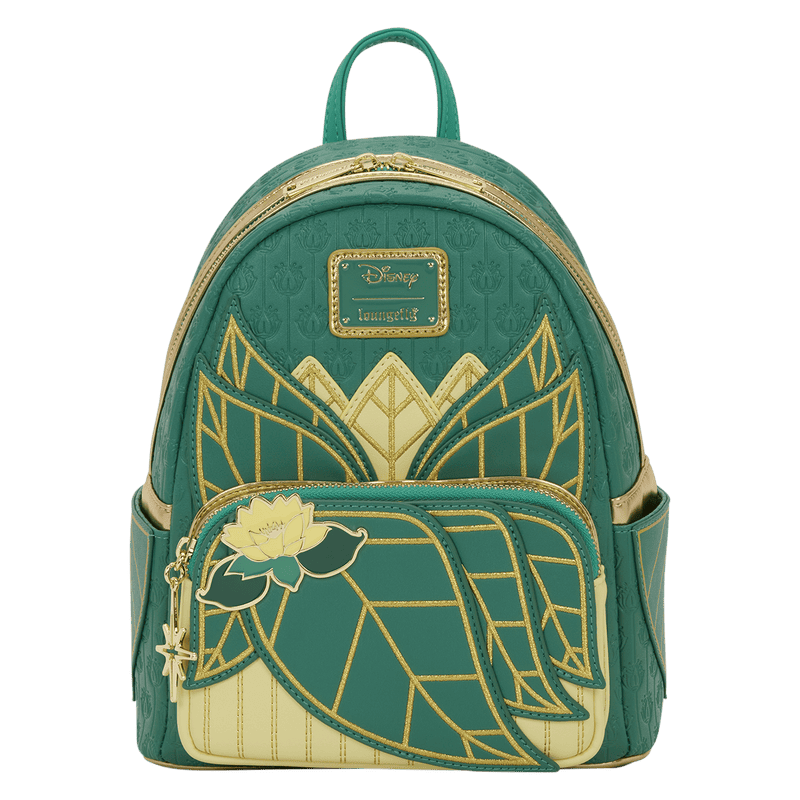 Loungefly Disney Princess backpack featuring Tiana and Jasmine design with gold accents.