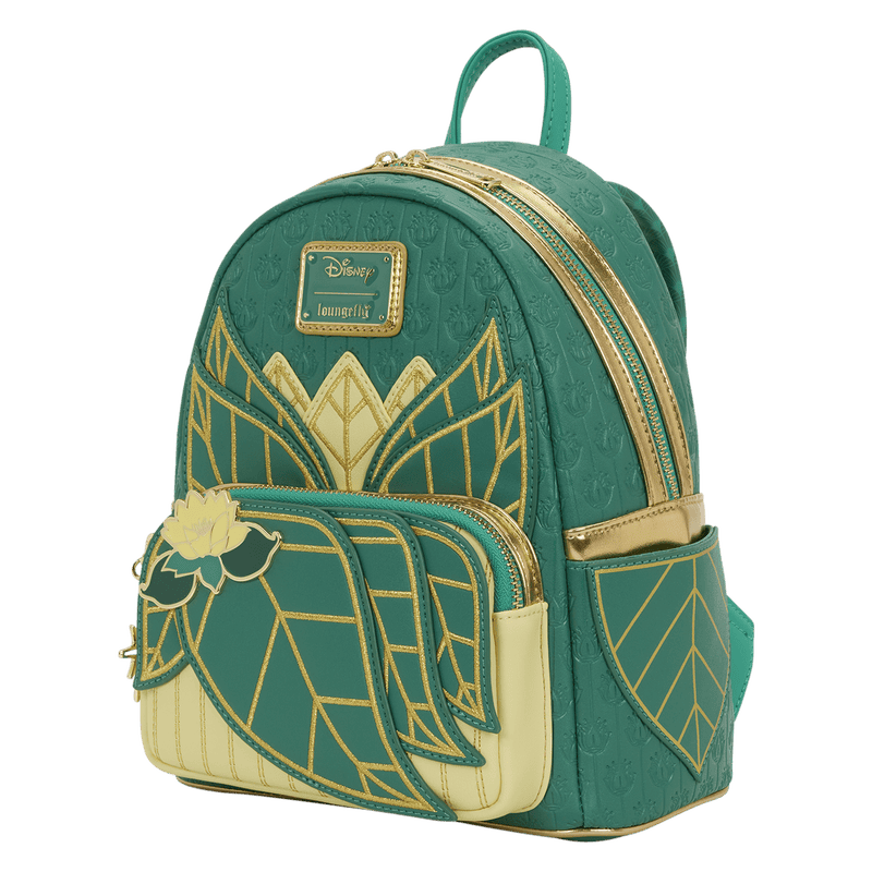 Loungefly Disney Princess backpack featuring Tiana and Jasmine design with gold accents.