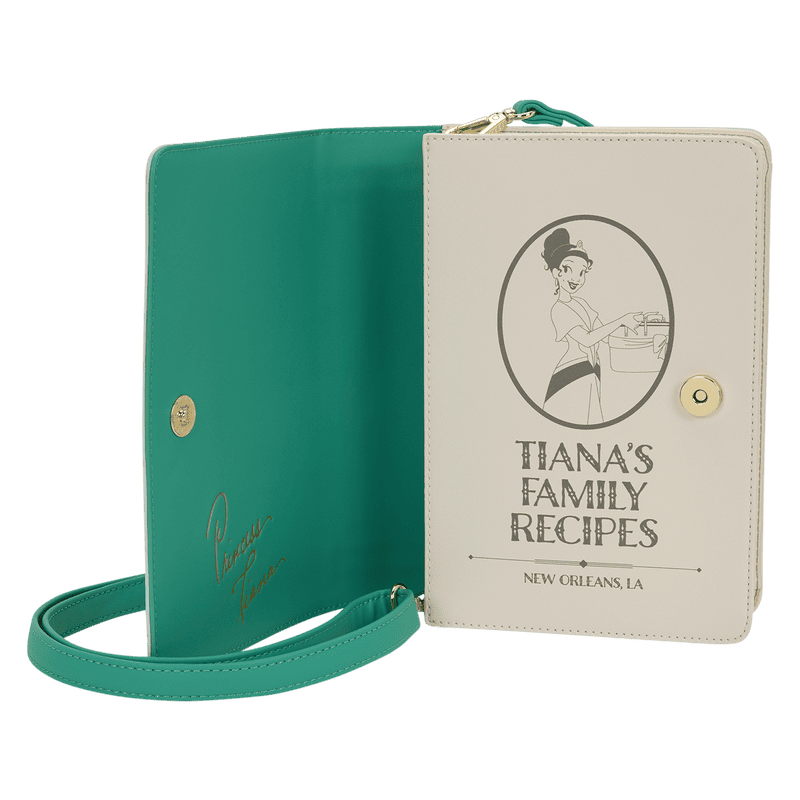 Disney Princess Loungefly Tiana and Jasmine themed bag with recipes design.