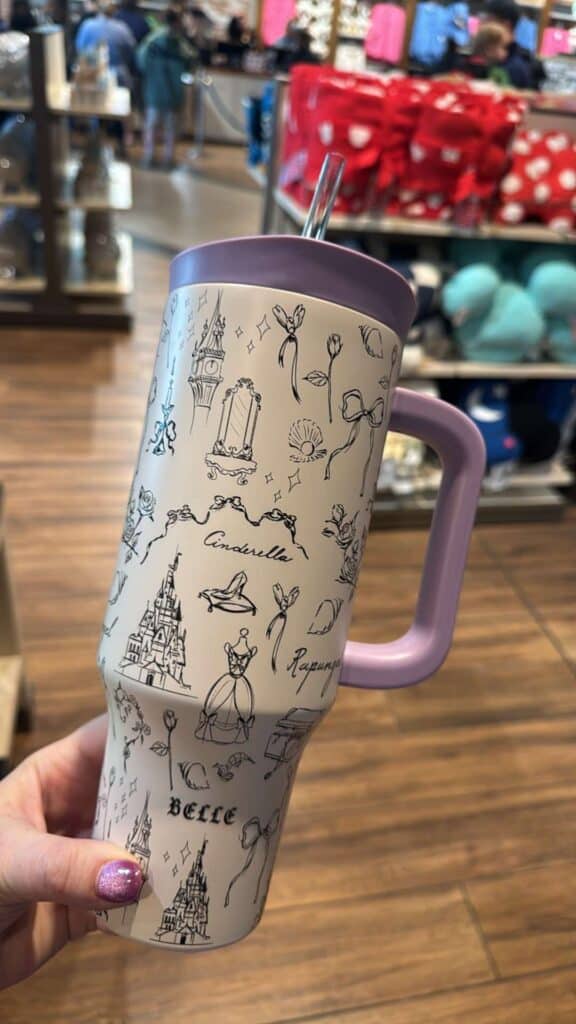 Disney-themed illustrated travel mug with castles and characters.