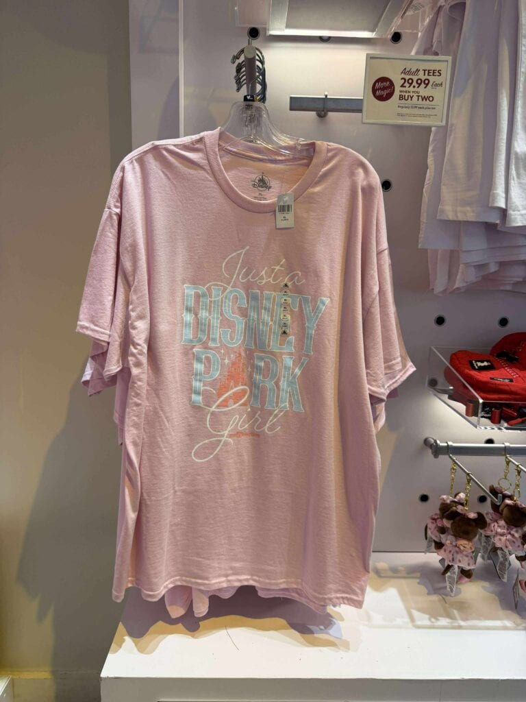 Pink Disney girl T-shirt with "Just a Disney Girl" print, casual and trendy.