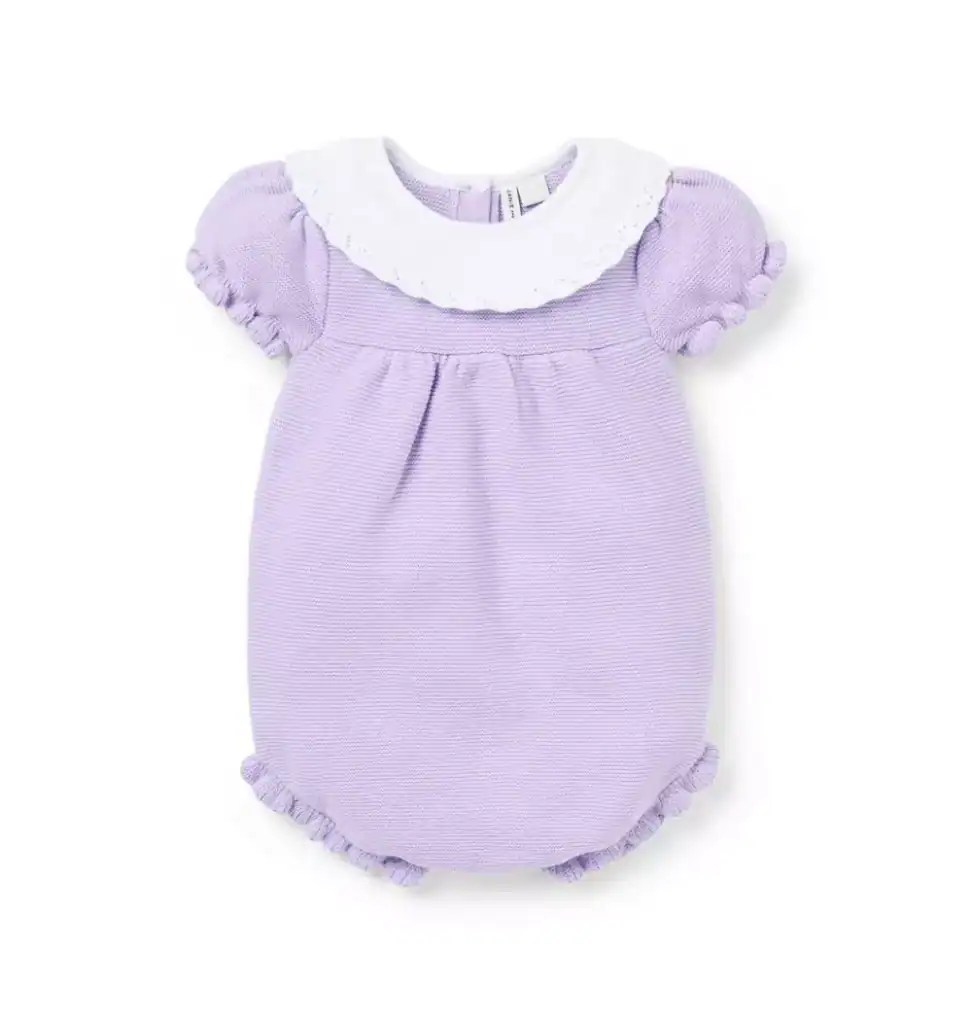 Adorable lavender baby dress featuring ruffled sleeves and a white lace collar, perfect for Easter a.