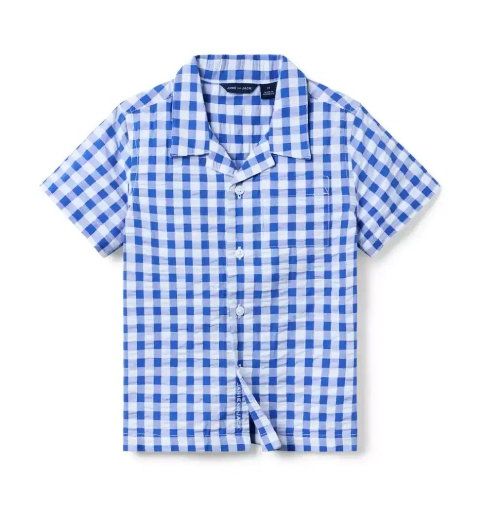 Child's blue and white gingham short-sleeve button-up shirt.