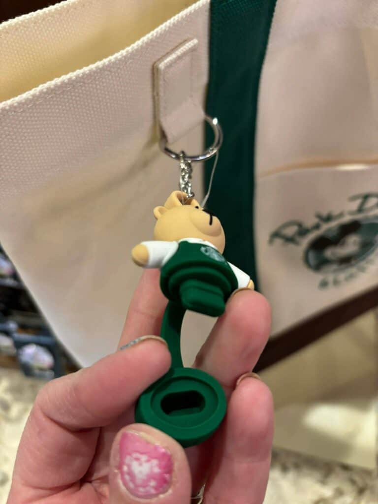 Cute Disney plush keychain featuring a character in green outfit.