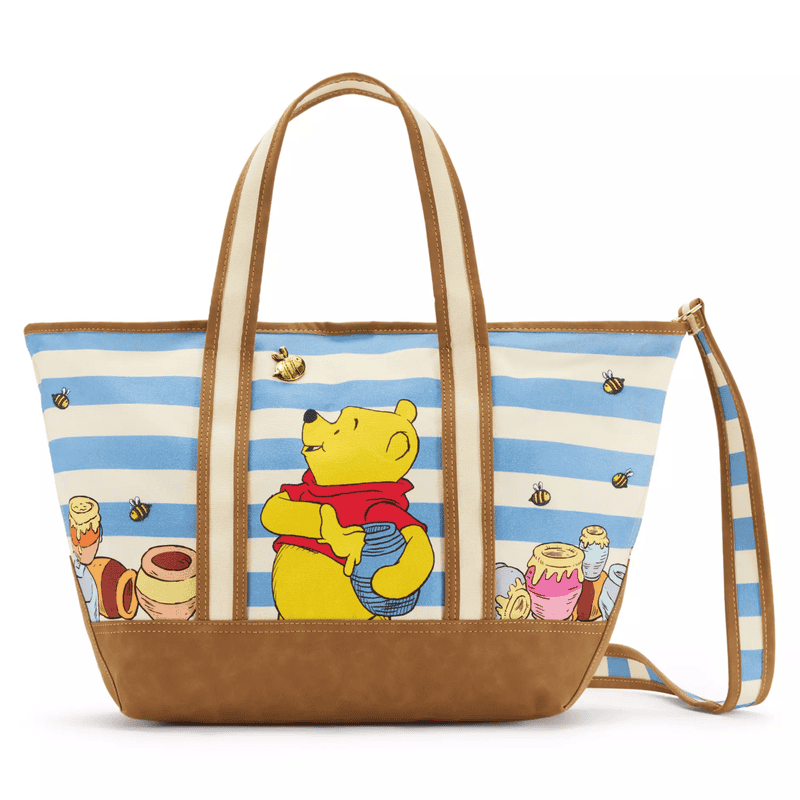 Cute Winnie the Pooh tote bag with honey jars, bees, and blue and white stripes.