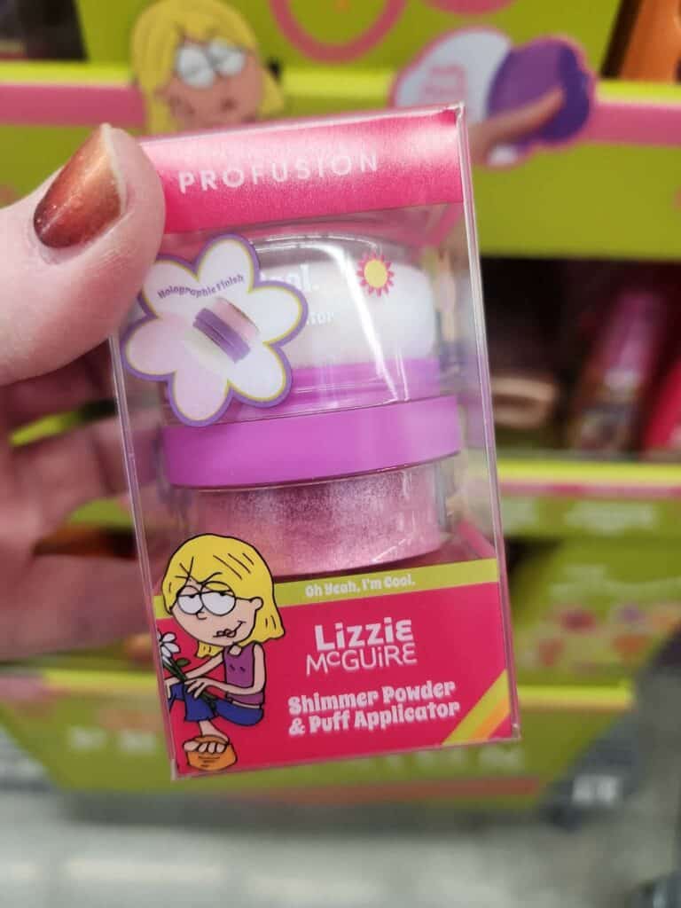 Shimmer powder and puff applicator inspired by Lizzie McGuire, perfect for Disney fans.