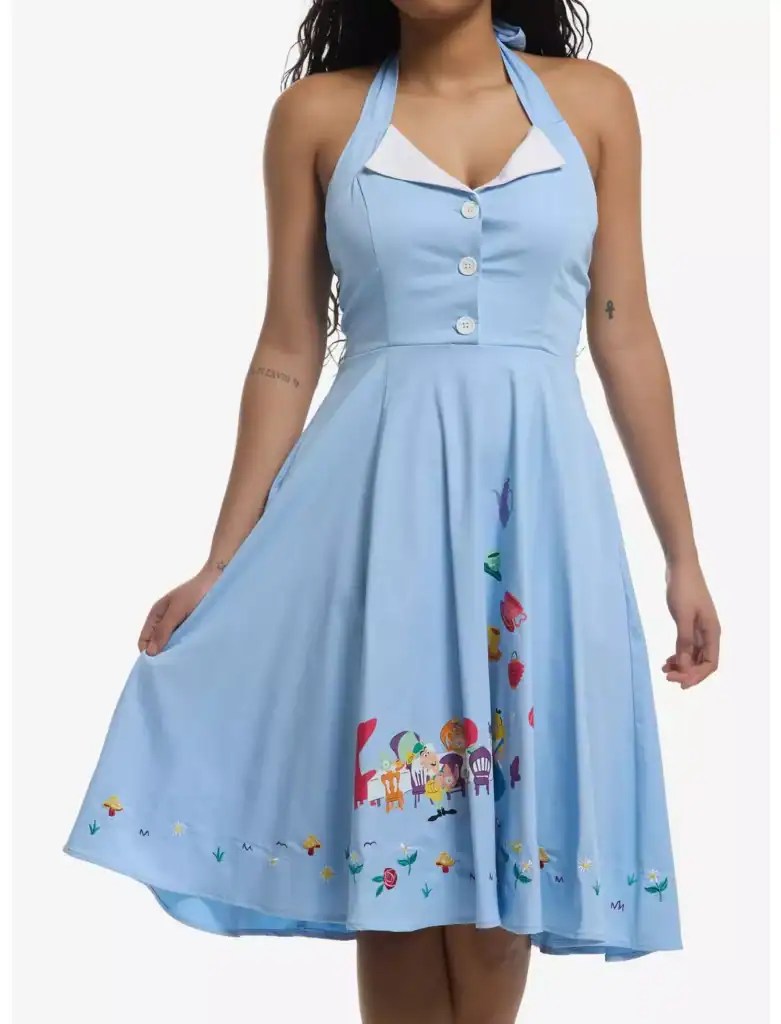 Blue dress with colorful embroidered Disney characters and floral details.