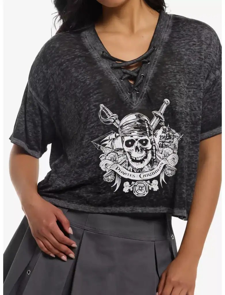 Pirates Caruso graphic T-shirt with skull and sword design, perfect for Disney fashion fans.