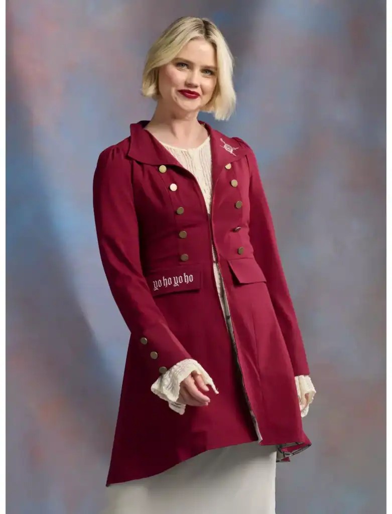 Stylish red coat with gold buttons and embroidery, perfect for Disney fashion lovers.