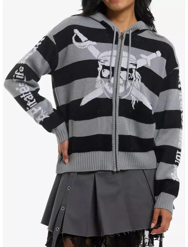 Women's striped hoodie featuring sword graphic, casual Disney-inspired fashion piece.