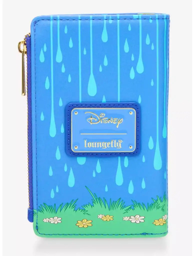 Raincoat-themed Disney Loungefly wallet with blue rain droplets and grass design.