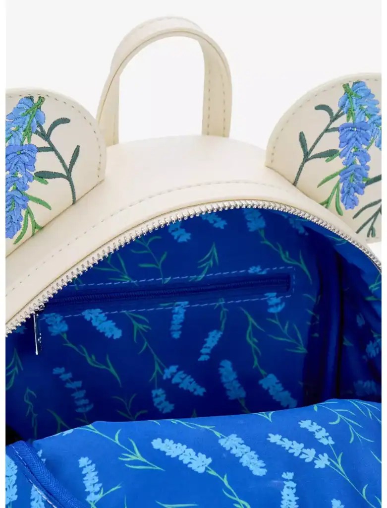 Lavender floral embroidered backpack with blue accents, perfect for Disney fans.