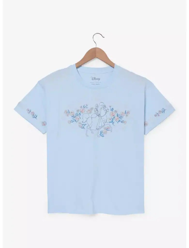 Embroidered Disney princess design on light blue casual T-shirt for women and girls.
