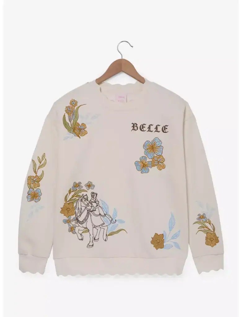 Disney Belle themed sweatshirt with floral and horse embroidery.