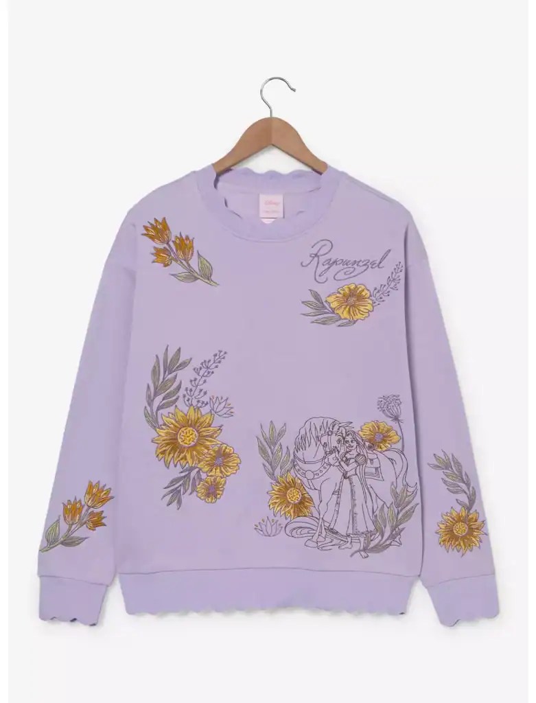 Lavender sweatshirt featuring Disney princess and floral embroidery design.