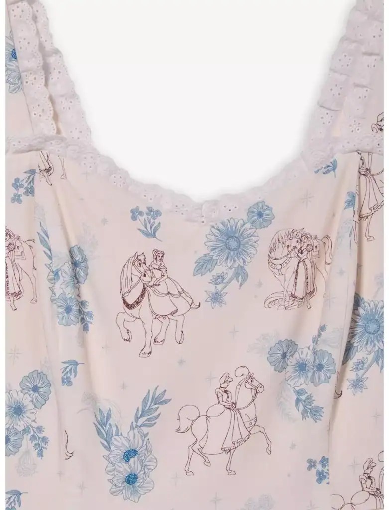 Elegant Disney princess-themed dress with floral and horse motifs for girls.