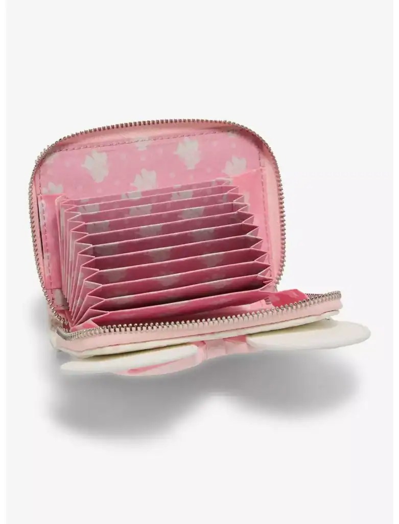 Cute pink bow-themed wallet with multiple compartments for organization.