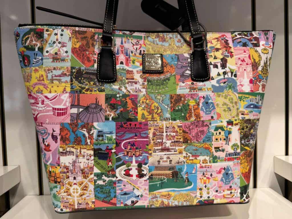 Vibrant Disney theme tote bag with colorful park illustrations.