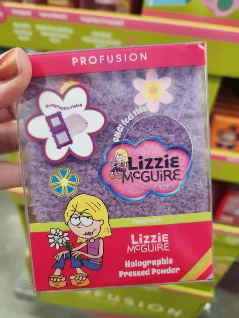 Holographic Lizzie McGuire pressed powder with colorful packaging.