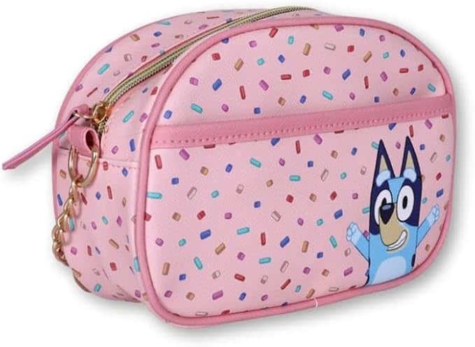 Pink confetti Disney Stitch cosmetic bag with zipper closure and cartoon character print.