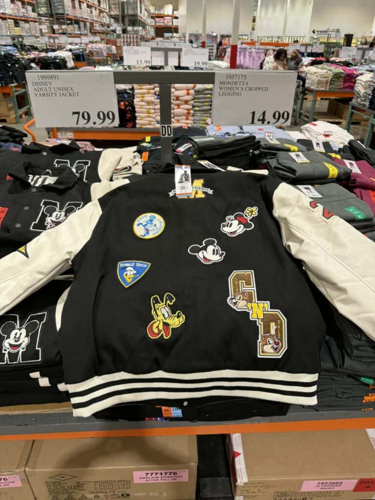 Unisex Disney Mickey Mouse varsity jacket with embroidered patches, casual style.