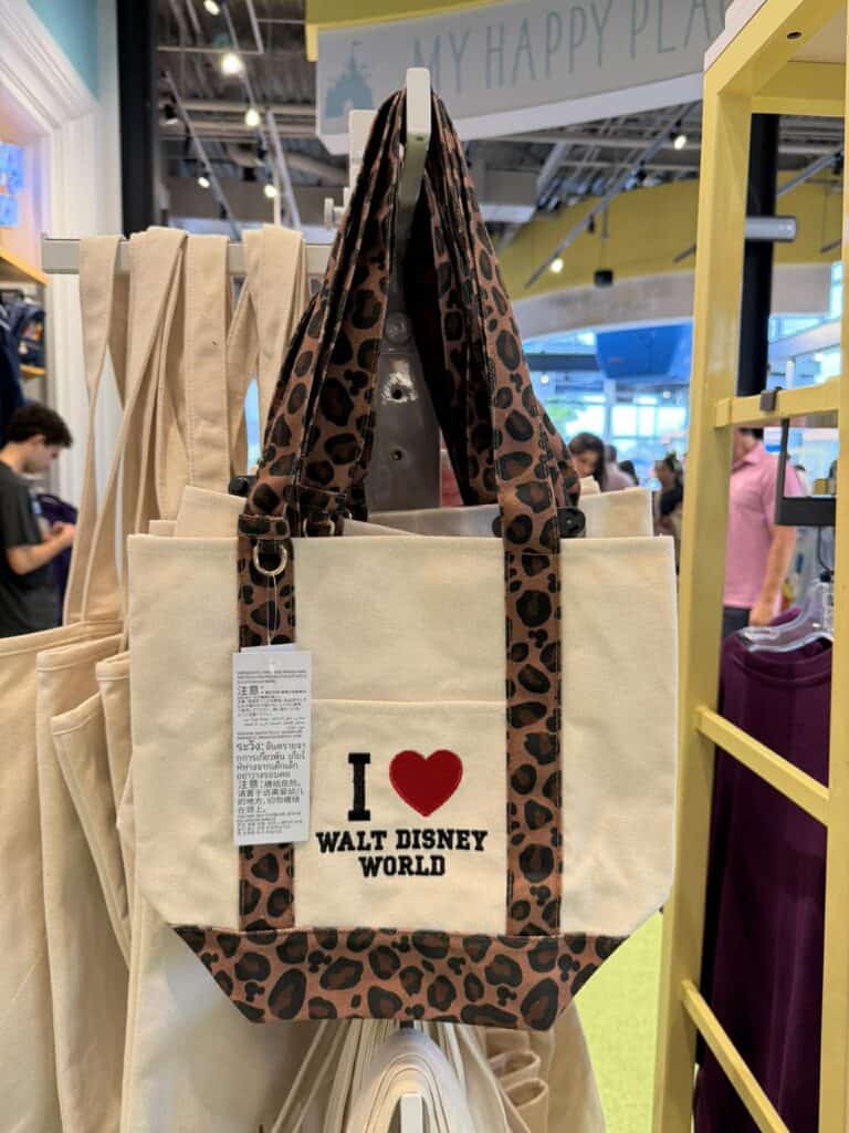 Disney-themed tote bag with leopard print straps and "I ❤️ Walt Disney World" text.