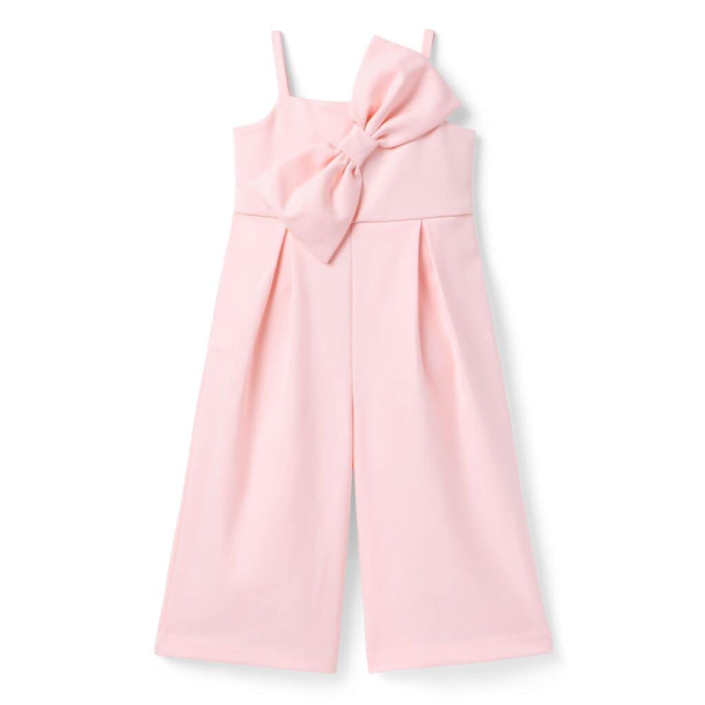 Adorable pink jumpsuit with bow for mommy and me matching outfits for kids and toddlers.