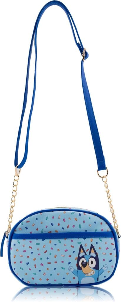 Blue Disney dog print crossbody bag with adjustable strap.
