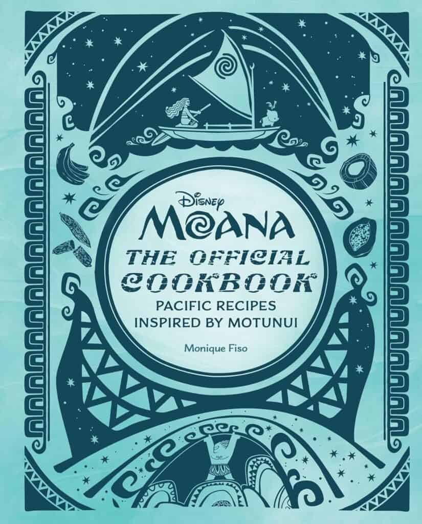 Moana cookbook cover with ocean-themed design and Polynesian motifs.