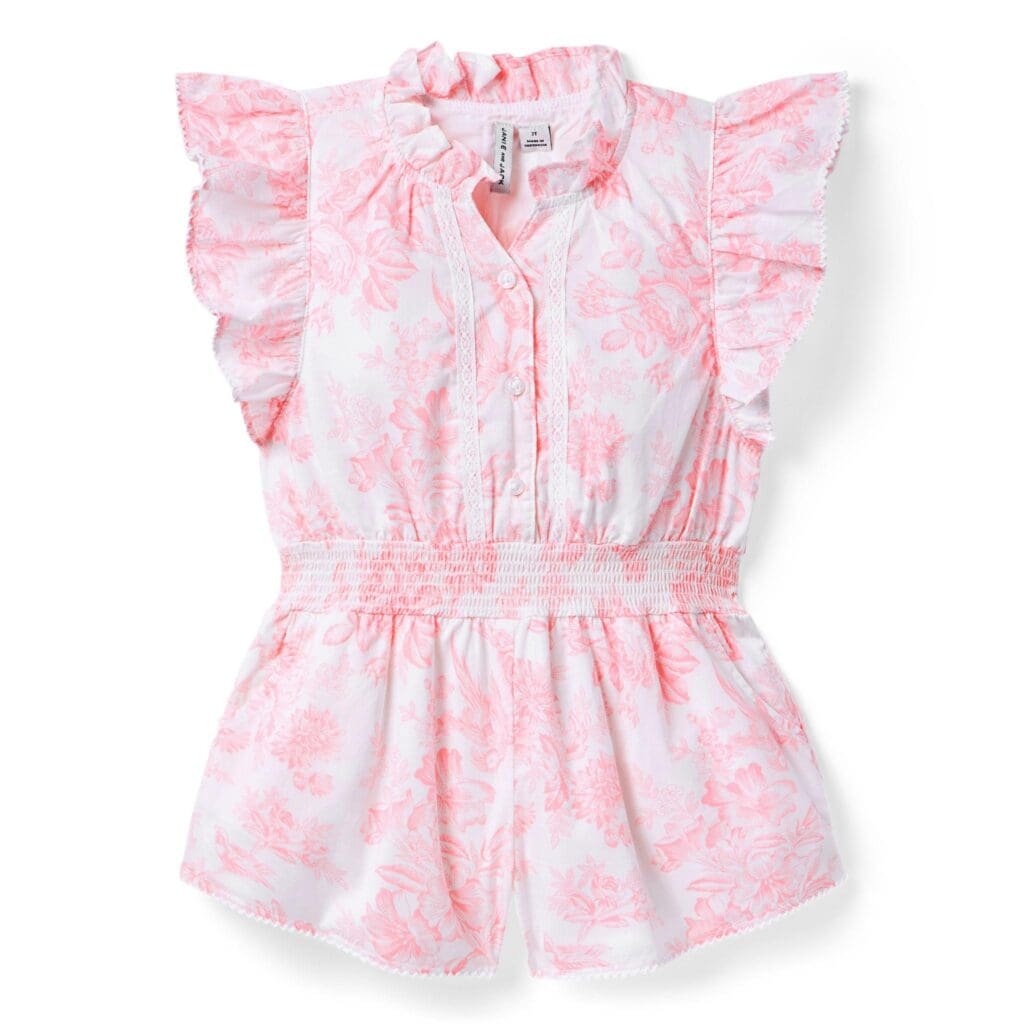 Pink floral ruffle romper for girls, perfect for mommy and me outfits, stylish and comfortable.
