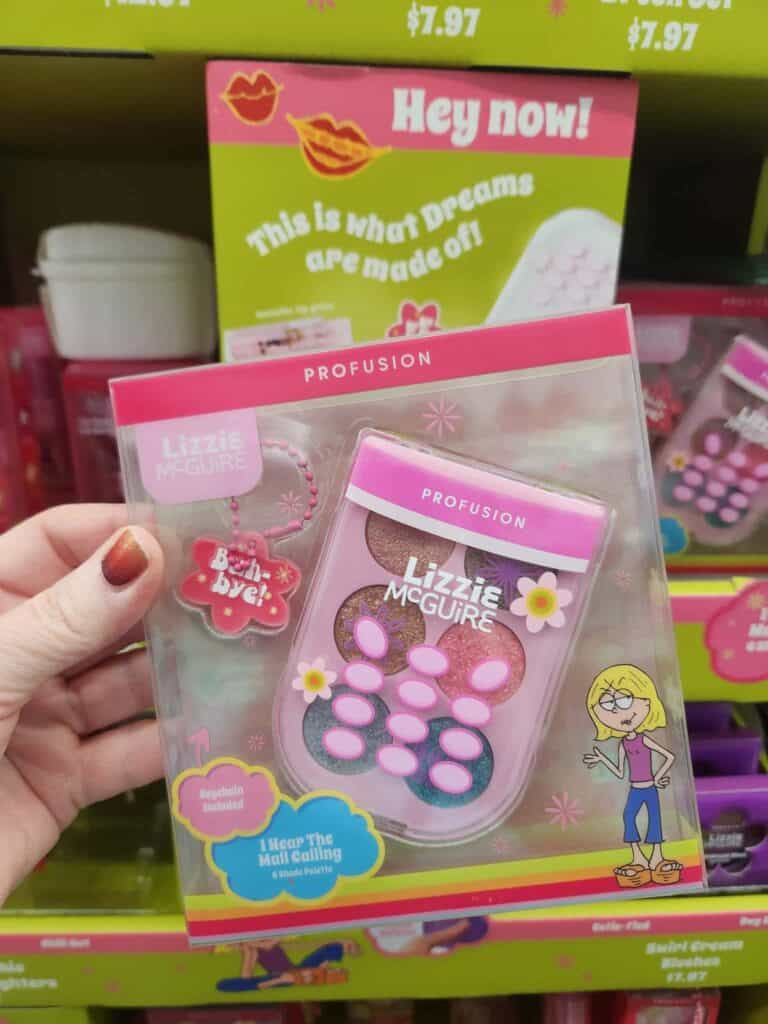 Lizzie McGuire themed makeup set with pink and purple shades for kids.