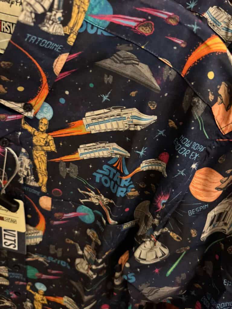Star Wars themed space adventure shirt with starships and galaxy print.
