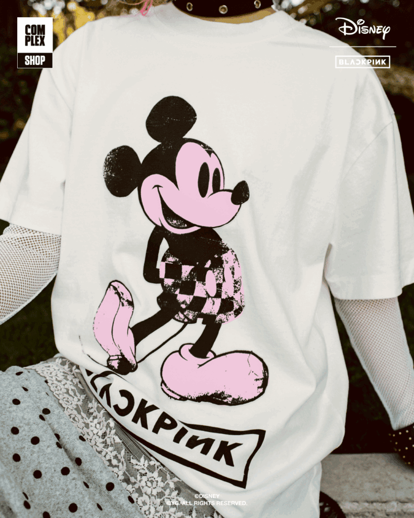 Mickey Mouse and BLACKPINK collaboration on punk-inspired fashion piece.