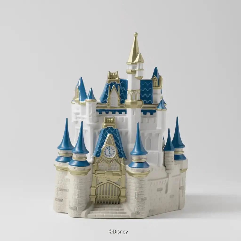 Disney castle toy model with blue and gold accents, perfect for Disney fans and collectors.