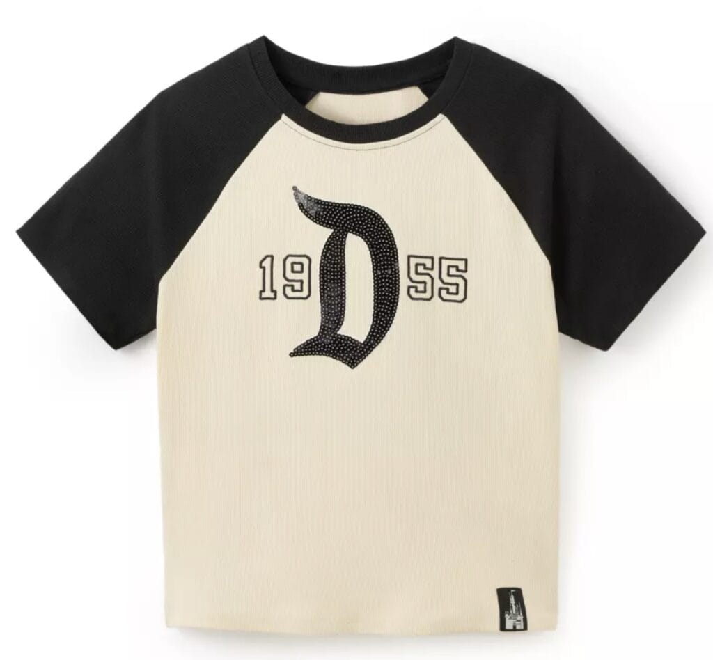 Kids' Disney baseball T-shirt with vintage logo design, black and cream colors.