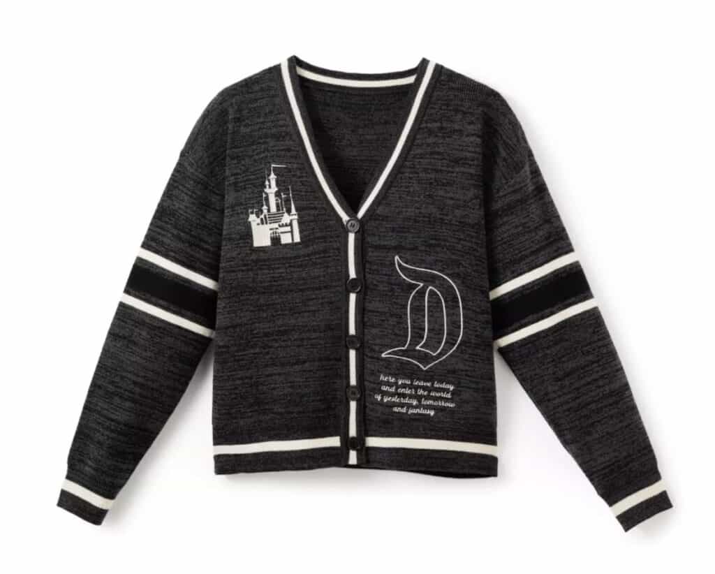 Disney-inspired cardigan with castle and "D" embroidery.