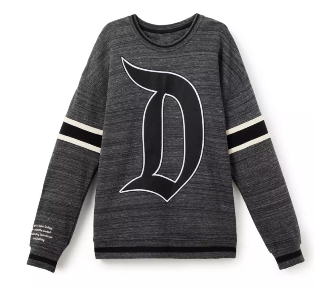 Charcoal gray Disney sweatshirt with bold "D" logo and sporty stripe details.