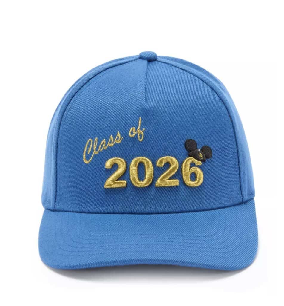 Blue graduation cap with "Class of 2026" embroidery and Mickey Mouse silhouette.