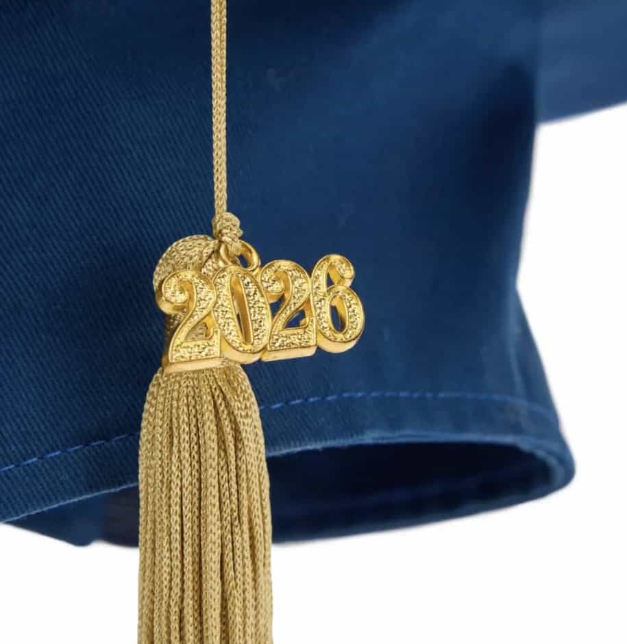 Gold "2026" graduation necklace with tassel detail.