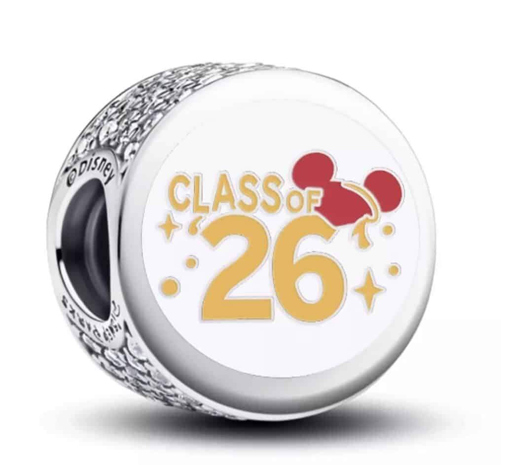 Disney Mickey Mouse graduation charm with "Class of 26" design, silver and red accents.