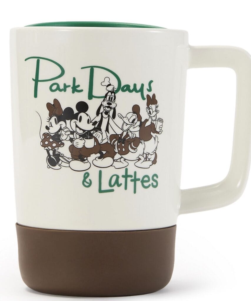 Disney mug featuring Mickey, Minnie, Goofy, Donald, and Daisy with "Park Days & Lattes" text.