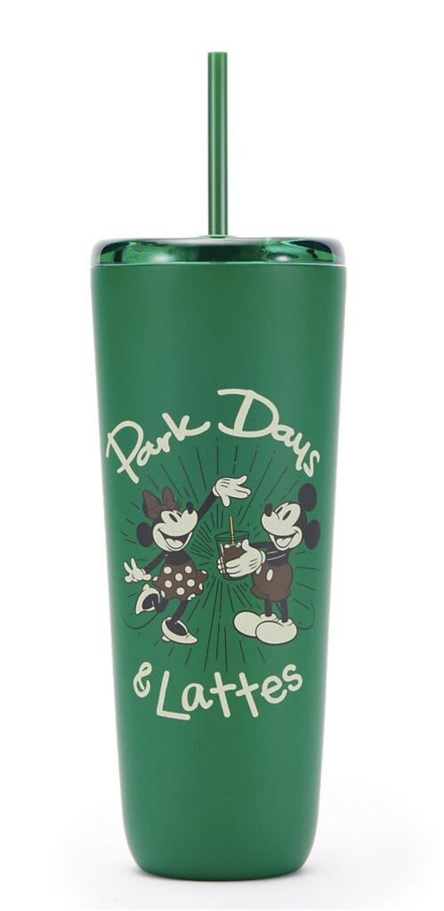 Green tumbler featuring Mickey and Minnie Mouse with "Pork Dews & Lattes" text.