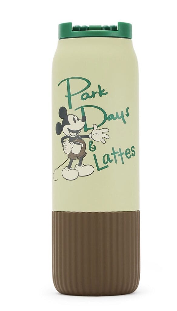 Mickey Mouse themed travel tumbler with "Park Days & Lattes" design.