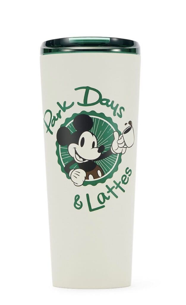Disney Mickey Mouse travel mug with "Park Days & Lattes" design.