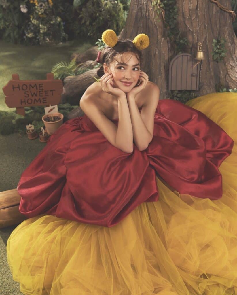 Whimsical Disney-inspired dress with playful accessories and vibrant colors.