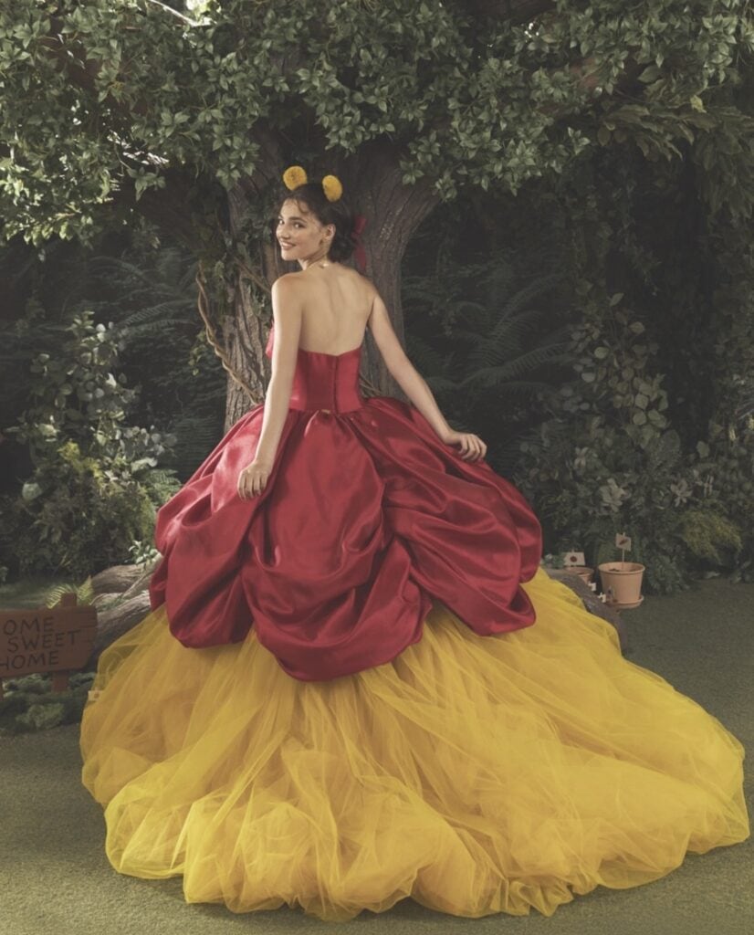 Elegant Disney-inspired gown with yellow and red tulle for a princess costume or cosplay.