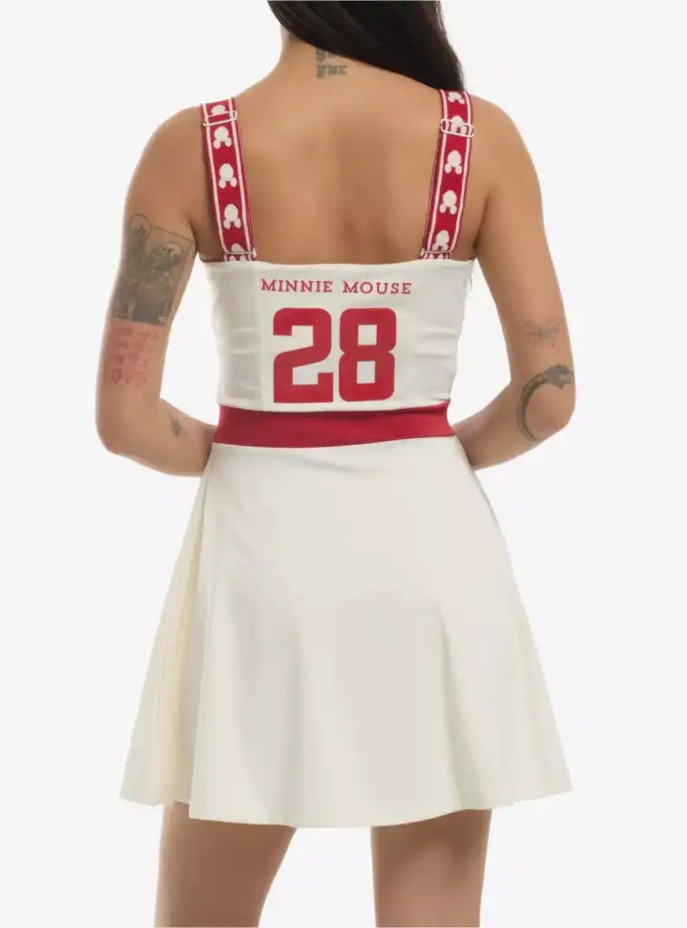 Minnie Mouse cheerleader dress with number 28 and Disney-themed straps.