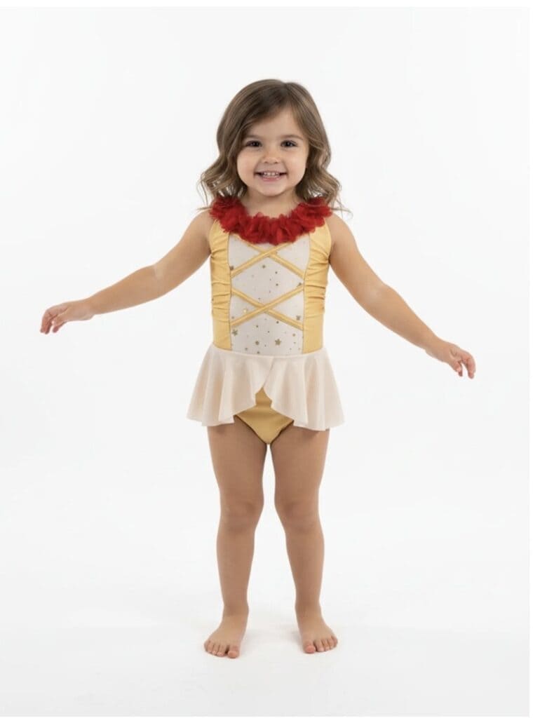Child wearing a Disney princess costume with a red collar and gold accents.