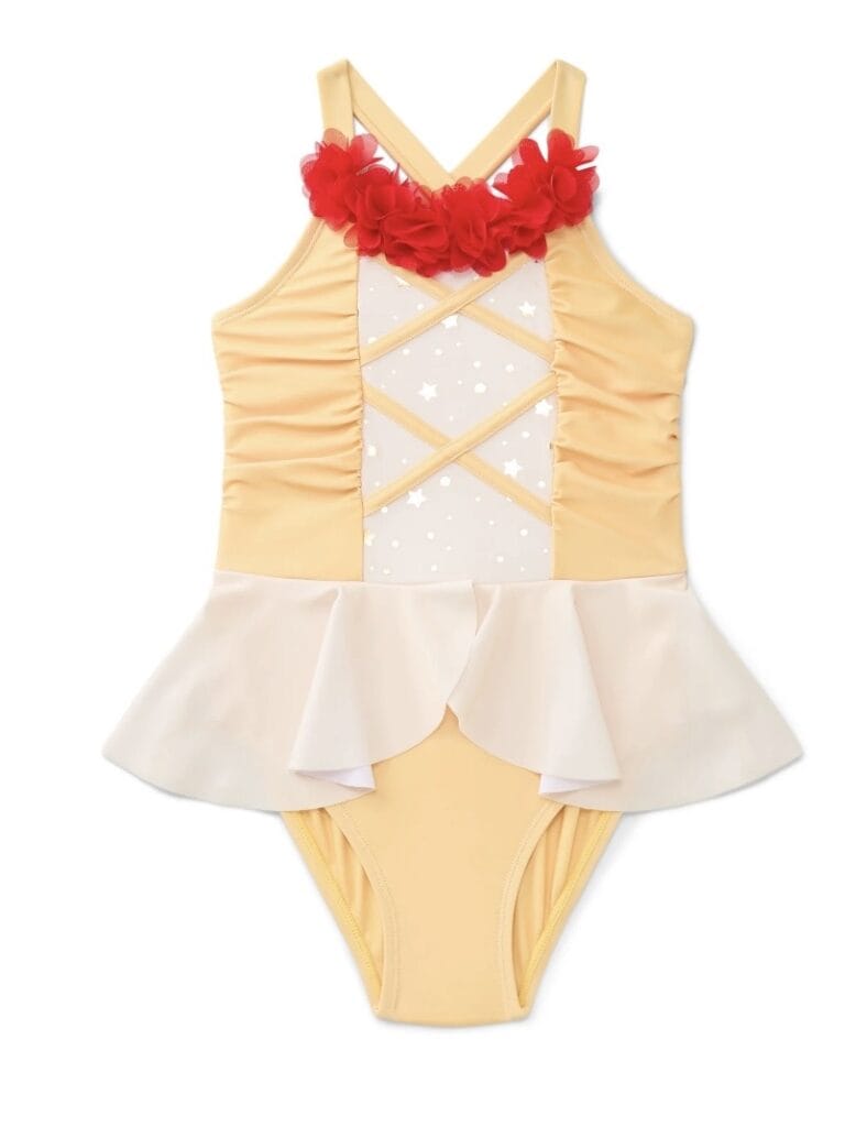 Pink Minnie Mouse swimsuit with red floral accents, ruffled skirt, perfect for Disney-themed kids' s.