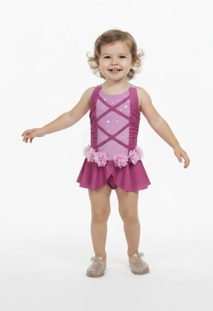 Young girl in pink Disney princess dress with ruffles and sparkles.